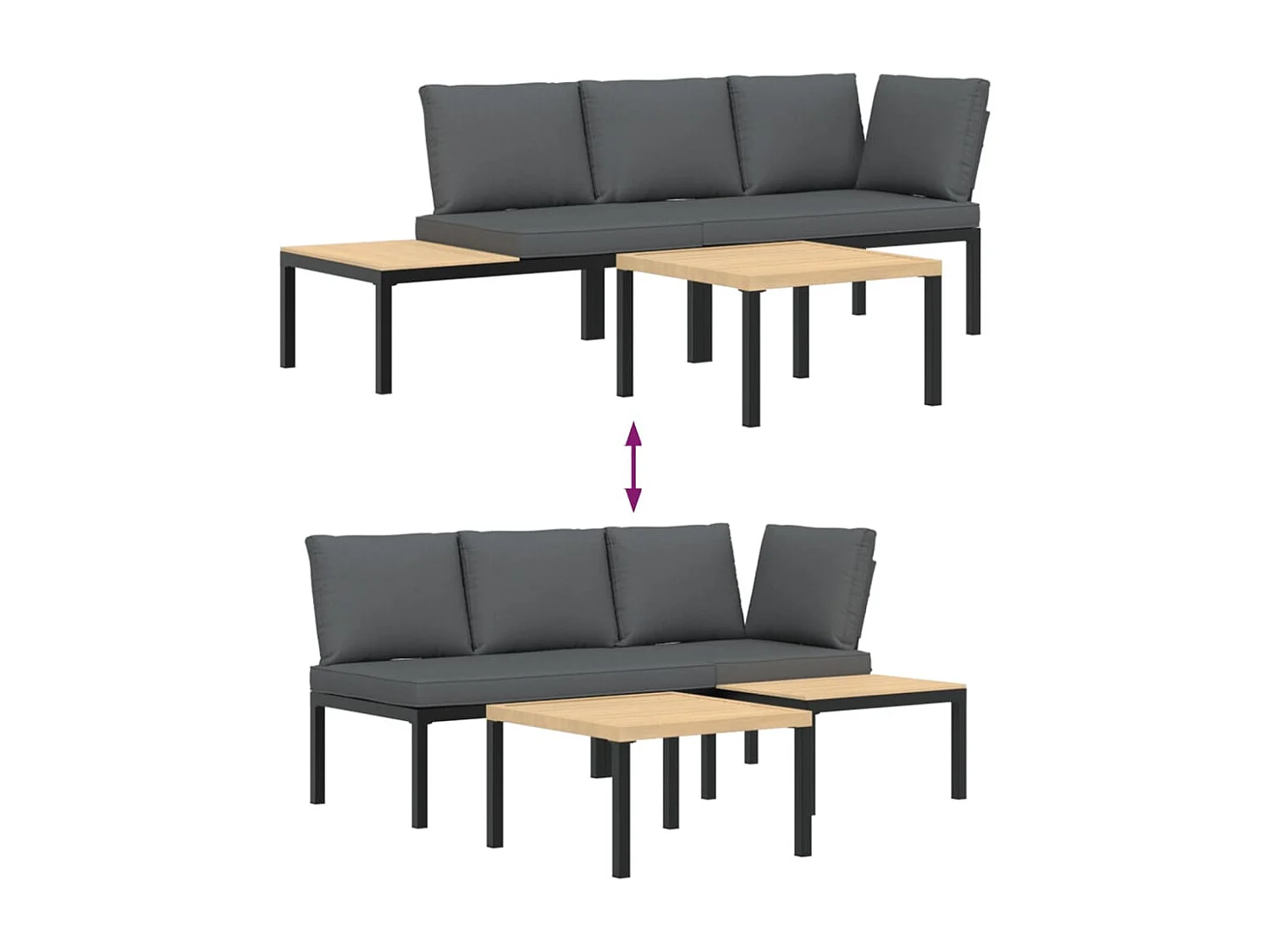 Salon de jardin 3 pcs avec coussins noir aluminium