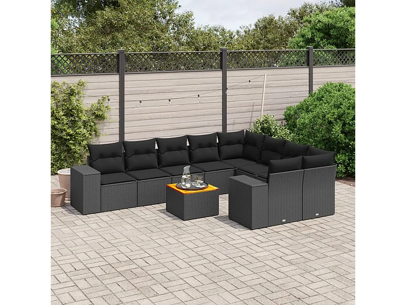 Set Divani da Giardino 10pz con Cuscini in Polyrattan Nero