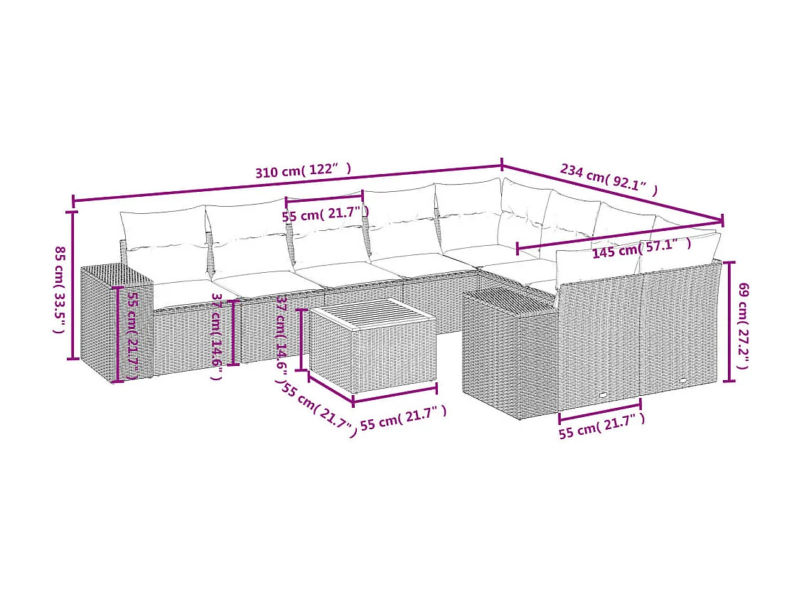 Set Divani da Giardino 10pz con Cuscini in Polyrattan Nero