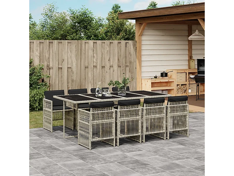 Set Pranzo da Giardino 9pz con Cuscini Grigio Chiaro Polyrattan