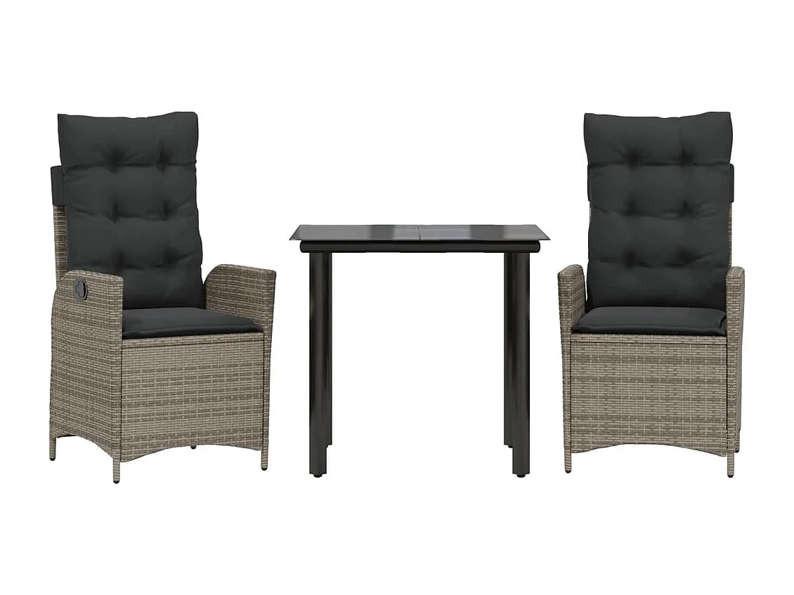 3 pcs conjunto de jantar p/ jardim c/ almofadões vime PE cinza