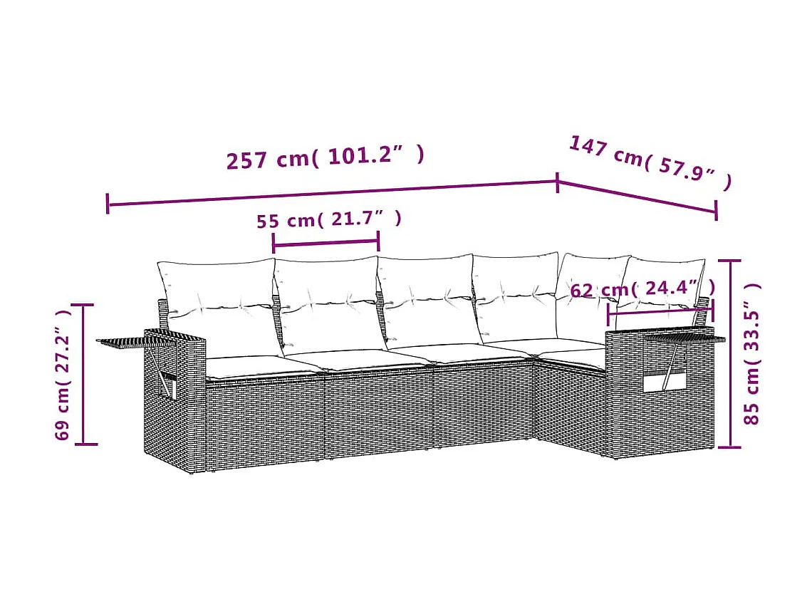 5-tlg. Garten-Sofagarnitur mit Kissen Schwarz Poly Rattan
