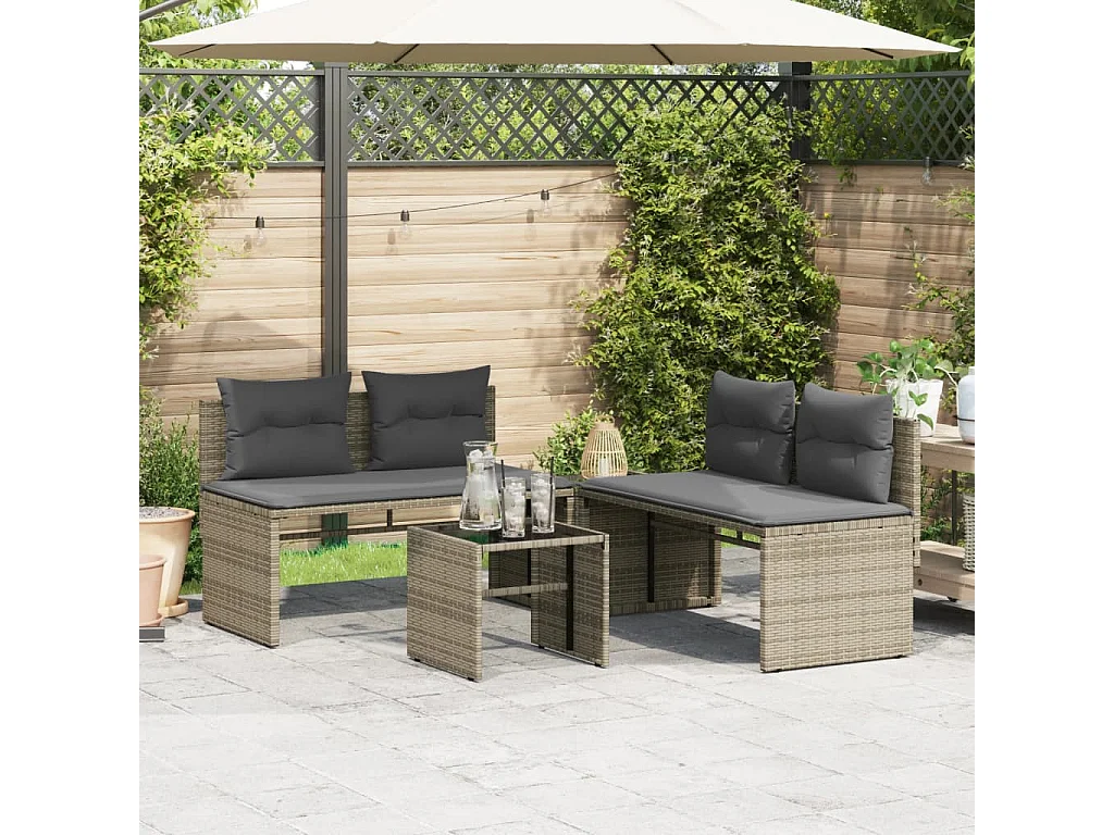 Salon de jardin 4 pcs avec coussins gris résine tressée