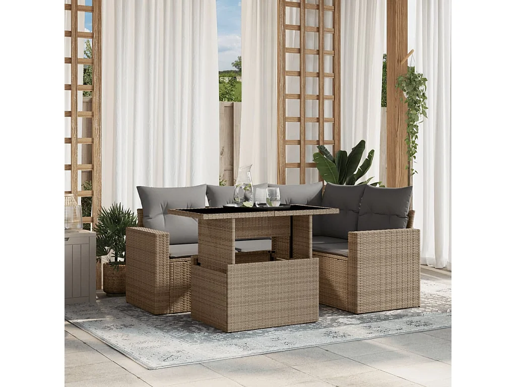 5 pcs conjunto de sofás p/ jardim com almofadões vime PE bege