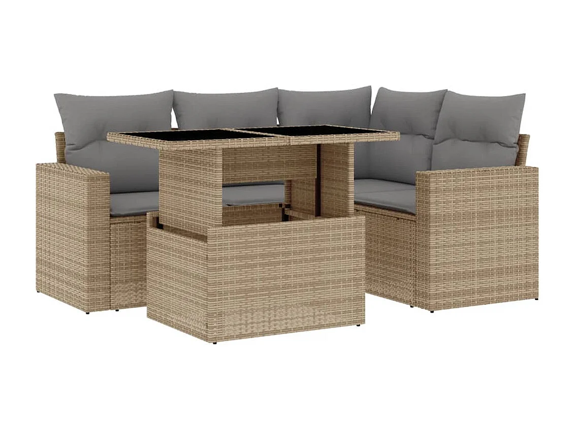 5 pcs conjunto de sofás p/ jardim com almofadões vime PE bege