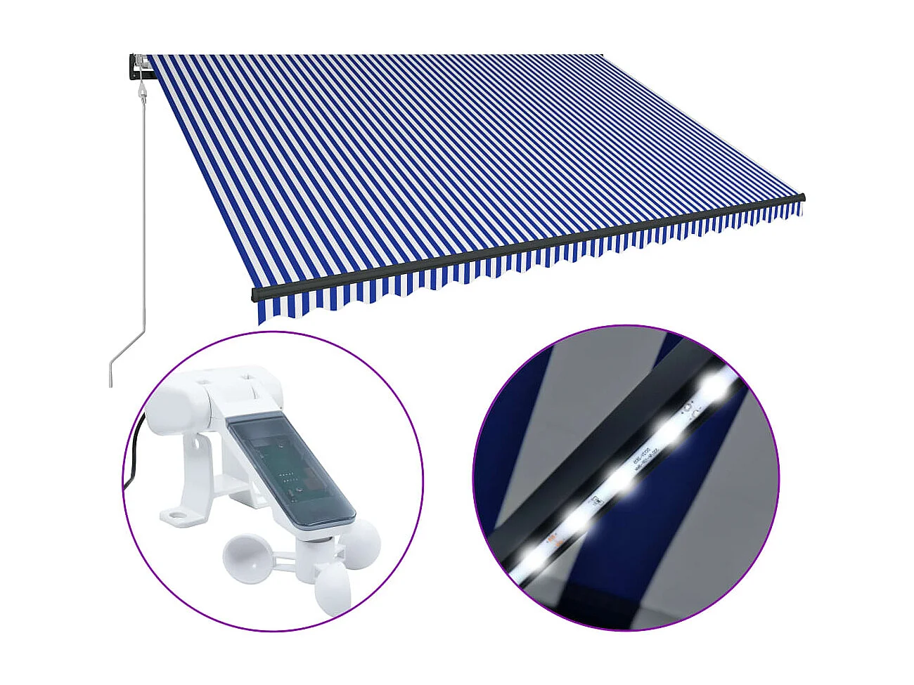 Tenda con Sensore Vento e LED 500x300 cm Blu e Bianca