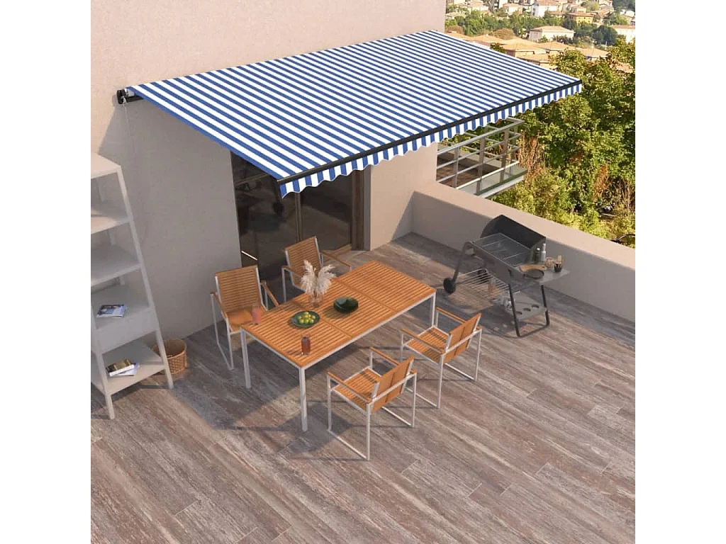 Toldo retrátil manual 600x350 cm azul e branco