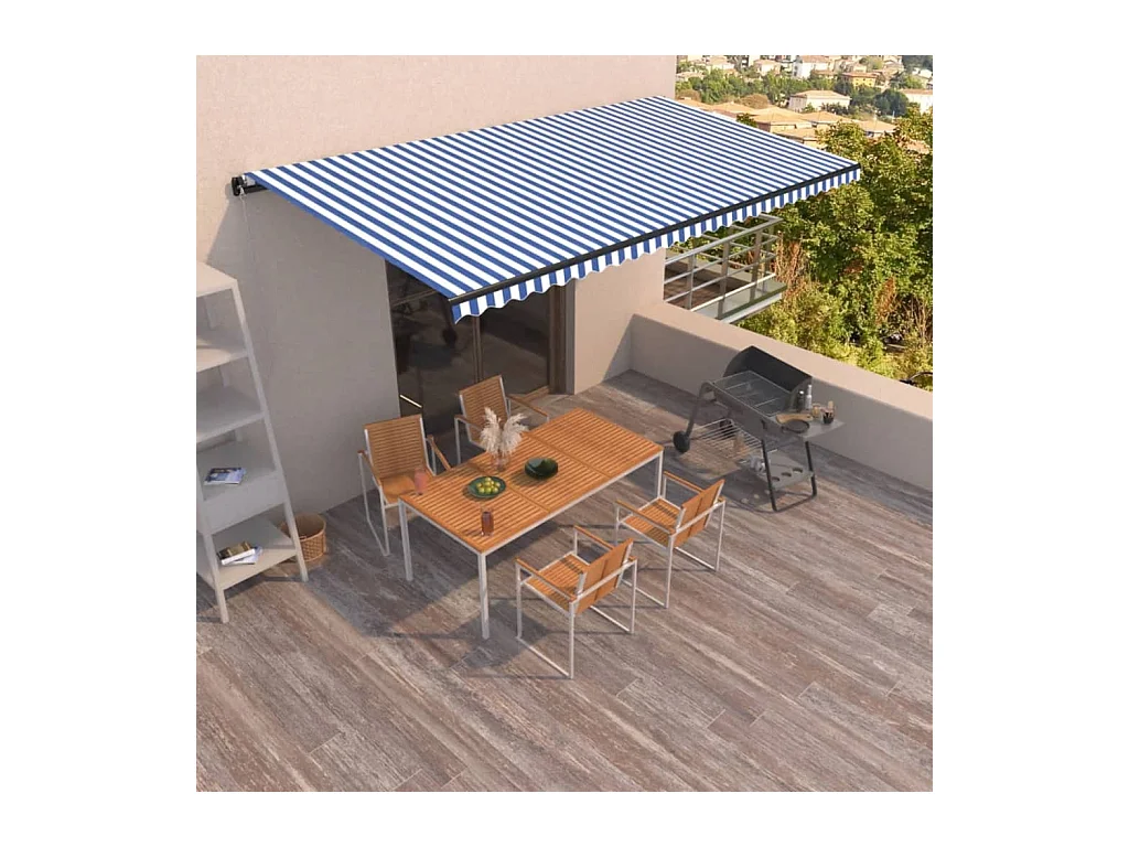 Toldo retráctil manual azul y blanco 600x350 cm