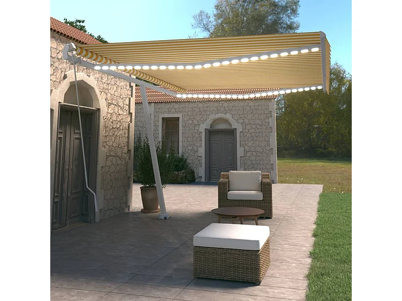 Toldo retráctil manual con LED amarillo y blanco 500x350 cm