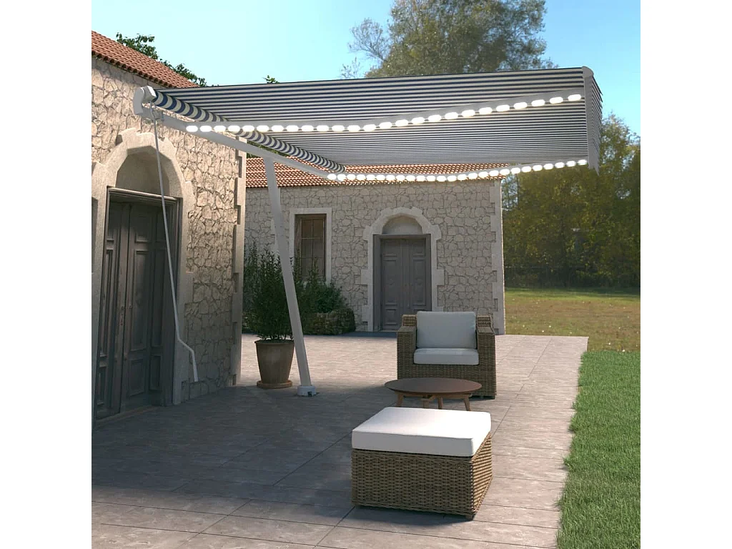 Toldo retráctil manual con luz LED azul y blanco 500x350 cm
