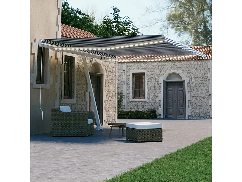 Luifel handmatig uittrekbaar met LED 450x300 cm blauw en wit