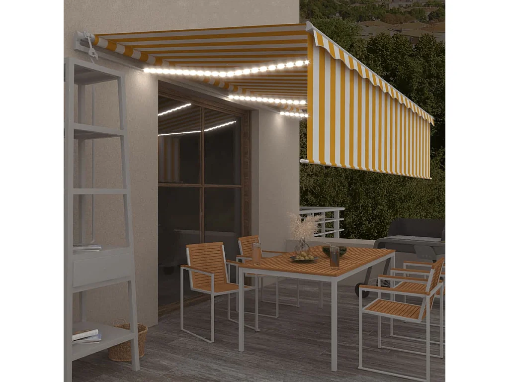 Toldo autom. c/ estore/LED/sensor de vento 6x3 m amarelo/branco