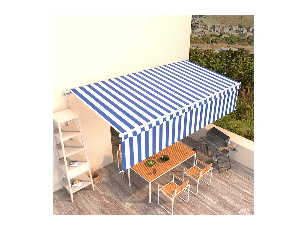 Toldo retráctil manual con persiana azul y blanco 6x3 m