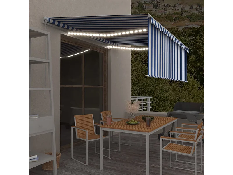 Toldo retrátil manual com estore/LED 4x3 m azul e branco