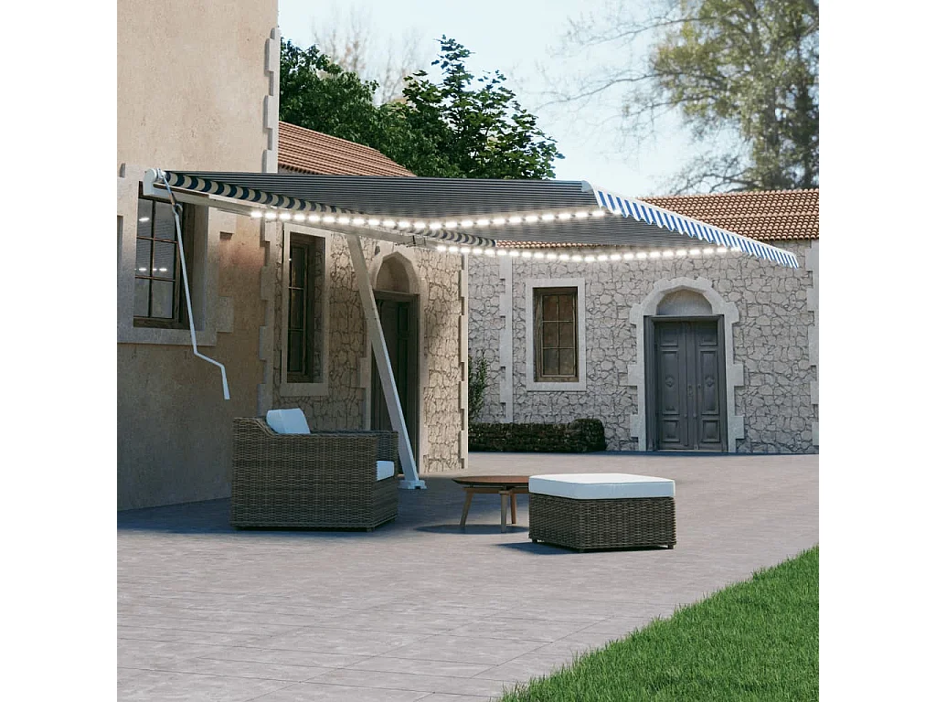 Auvent manuel rétractable avec LED 600x300 cm Bleu et blanc