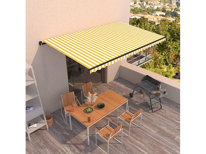 Tenda Da Sole Retrattile Manuale VidaXL 5x3,5 M – Con Pali, Telaio In Alluminio, Tessuto Giallo/bianco, Resistente UV E Acqua