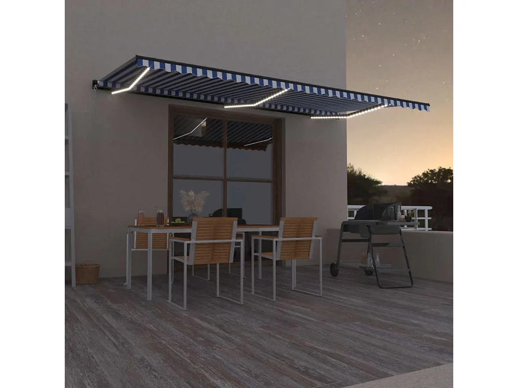 Tenda da Sole Retrattile Manuale con LED 600x350 cm Blu Bianco