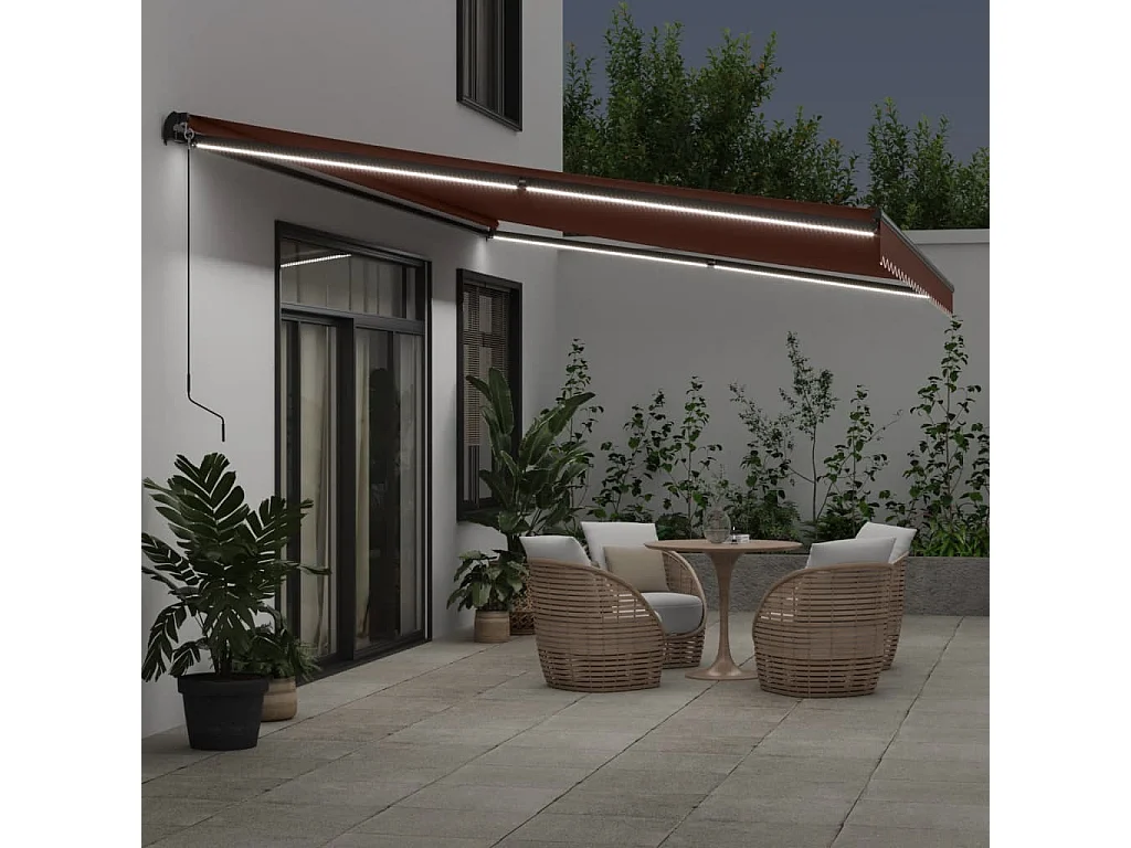 Auvent manuel rétractable avec LED marron 500x300 cm
