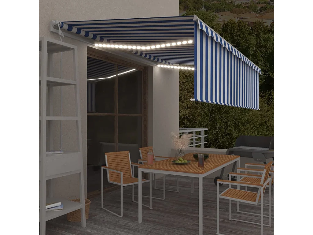Toldo autom. c/ estore/LED/sensor de vento 5x3 m azul/branco