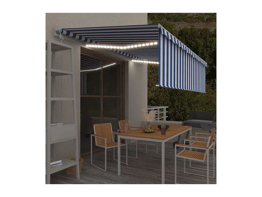Auvent automatique store capteur de vent/LED 5x3m Bleu et blanc