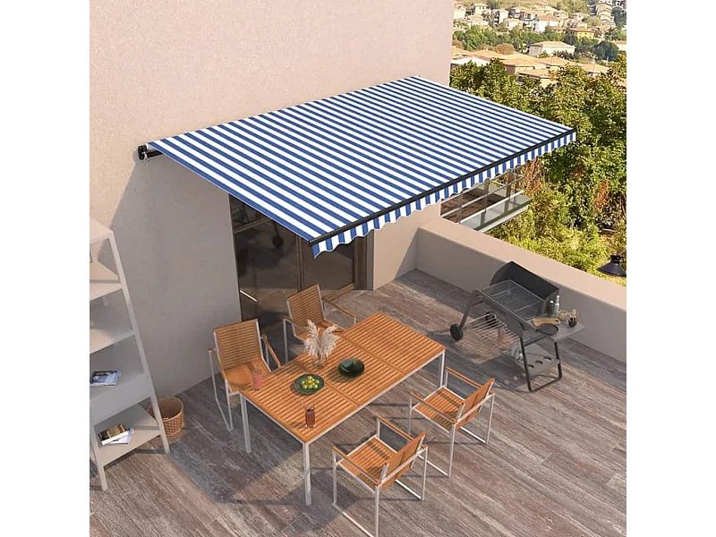 Toldo retráctil manual azul y blanco 500x350 cm