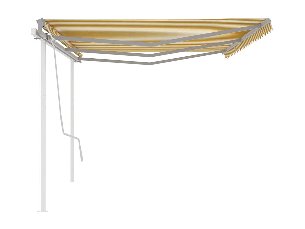 Toldo manual retráctil con postes amarillo y blanco 6x3 m