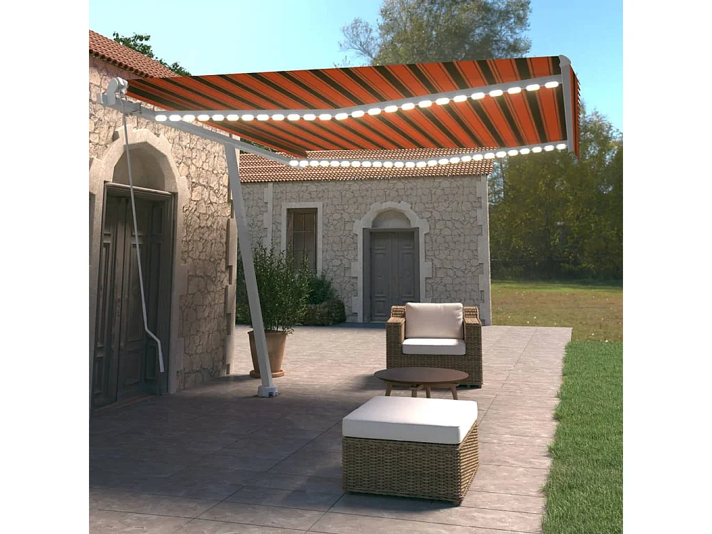 Auvent manuel rétractable avec LED 400x350 cm Orange et marron