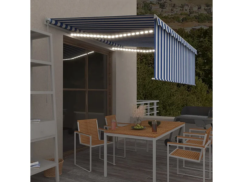 Auvent manuel rétractable avec store et LED 4,5x3 m Bleu blanc