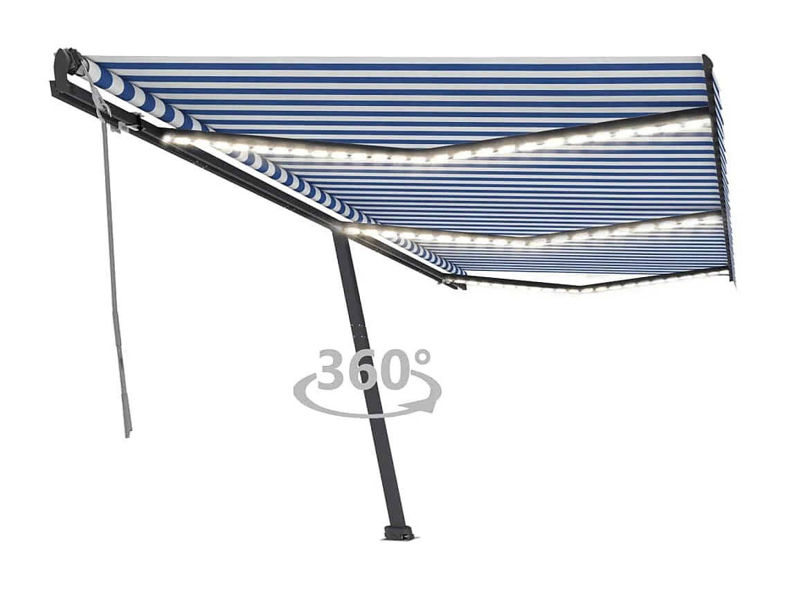 Toldo retráctil manual con luz LED azul y blanco 600x300 cm