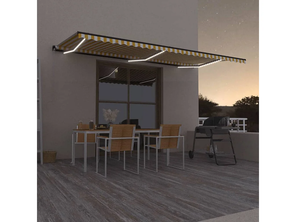 Toldo retrátil manual com LED 600x350 cm amarelo e branco