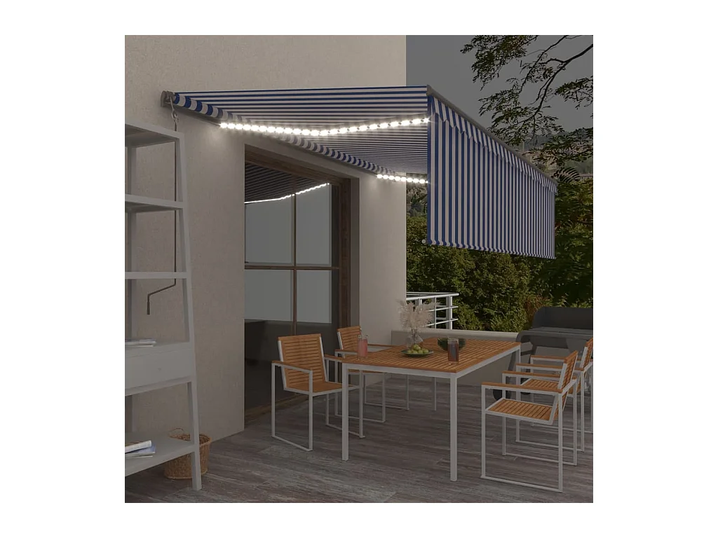 Auvent rétractable manuel avec store et LED 5x3 m Bleu et blanc