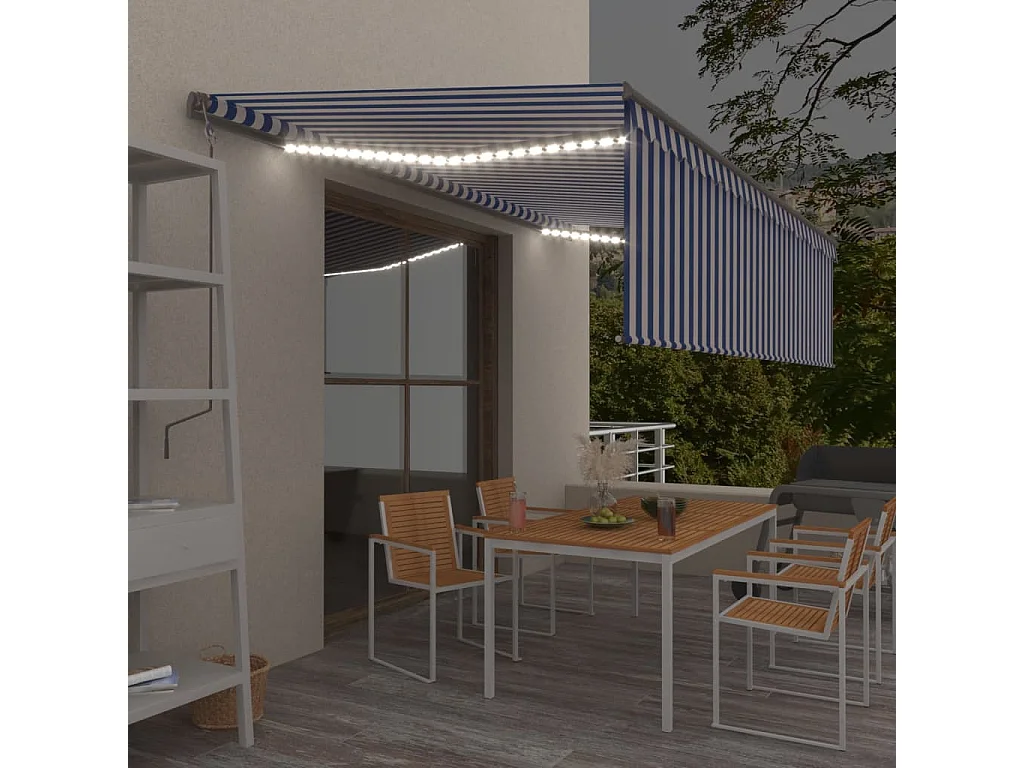 Auvent rétractable manuel avec store et LED 5x3 m Bleu et blanc