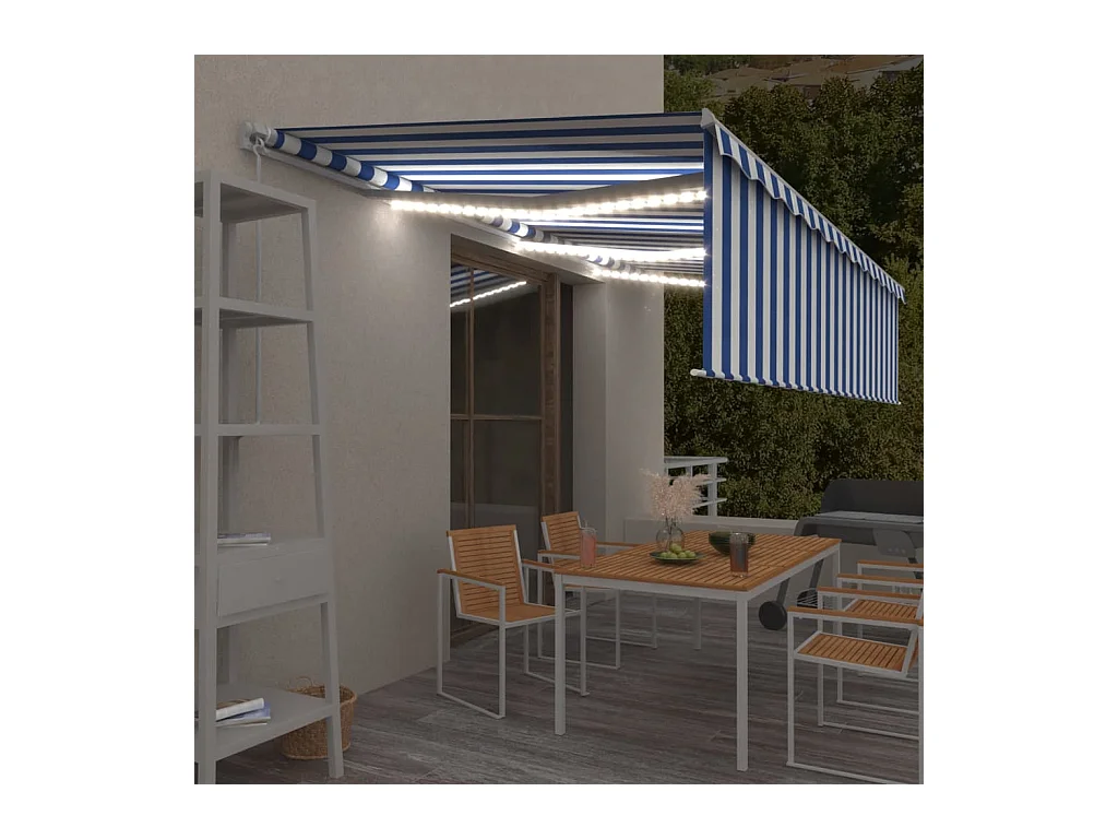 Toldo retráctil manual con persiana y LED azul y blanco 6x3 m