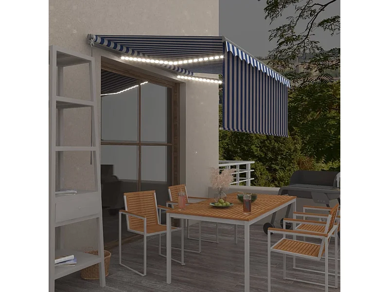 Auvent rétractable manuel avec store LED 3,5x2,5m Bleu et blanc