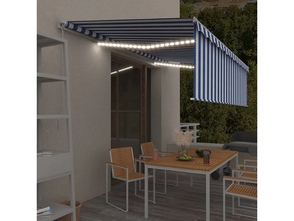 Luifel handmatig uittrekbaar met rolgordijn LED 5x3 m blauw wit