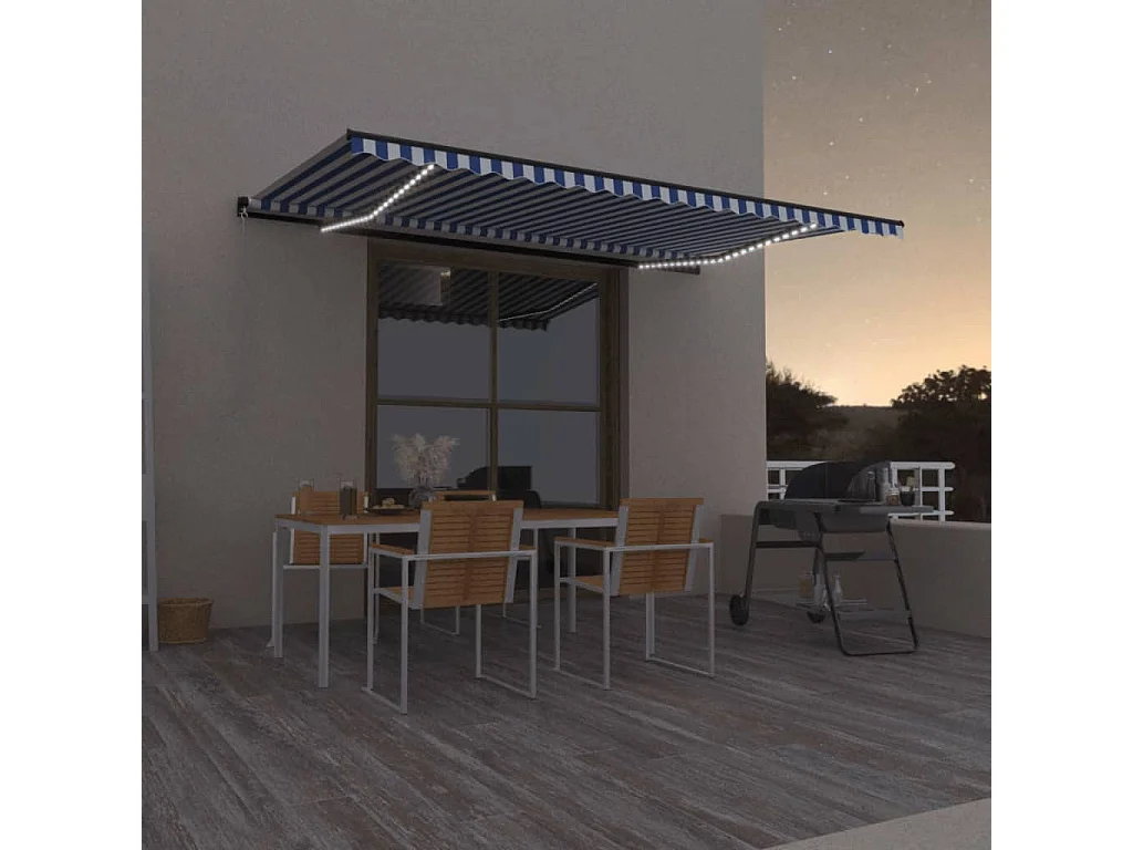 Toldo retrátil manual com LED 500x350 cm azul e branco