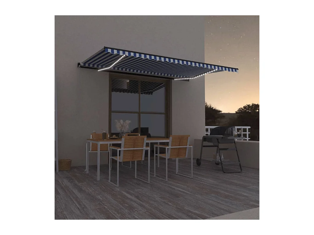 Tenda da Sole Retrattile Manuale LED 500x350 cm Blu e Bianca