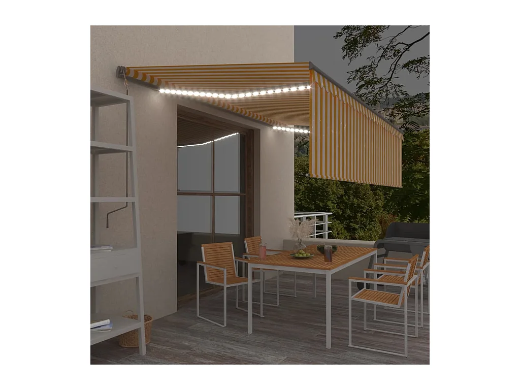 Toldo retráctil manual persiana y LED amarillo y blanco 5x3 m