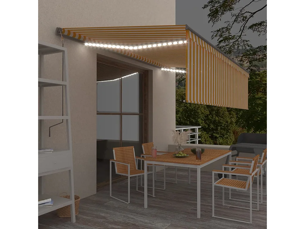 Tenda Sole Retrattile Manuale Parasole LED 5x3m Gialla Bianca