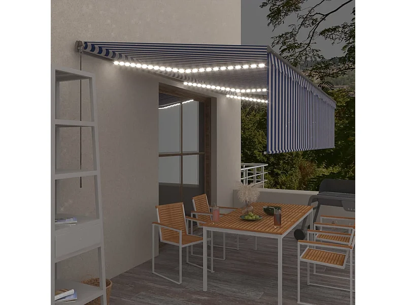 Auvent manuel rétractable avec store et LED 6x3 m Bleu et blanc