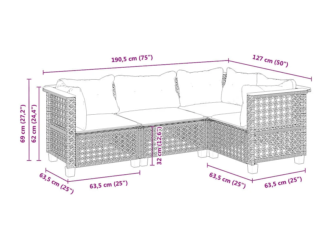 Salon de jardin 4 pcs avec coussins gris résine tressée