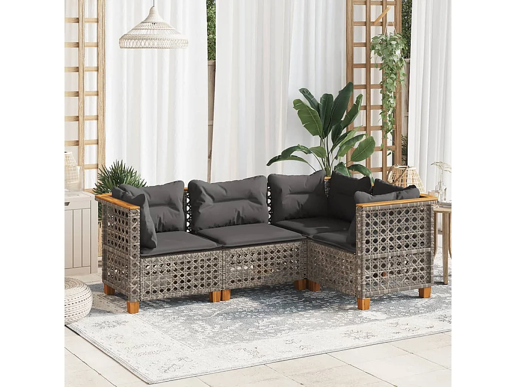 Salon de jardin 4 pcs avec coussins gris résine tressée