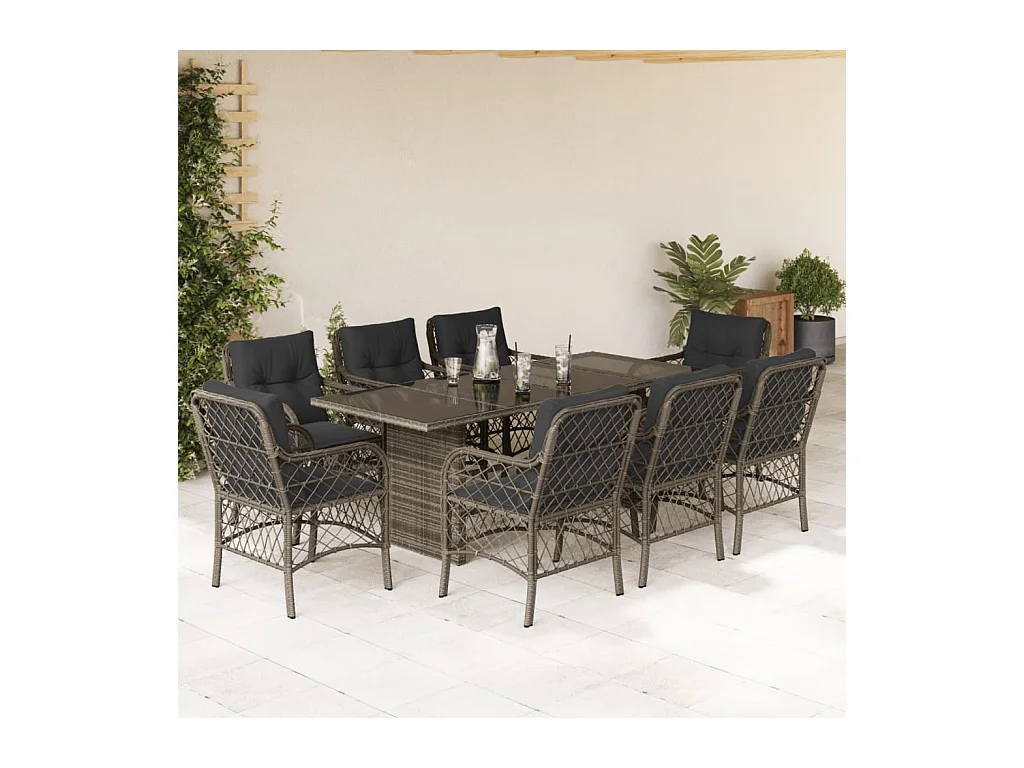 Set da Pranzo da Giardino 9 pz con Cuscini in Polyrattan Grigio