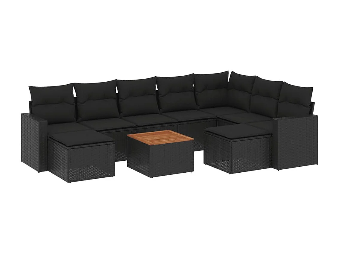 10-tlg. Garten-Sofagarnitur mit Kissen Schwarz Poly Rattan