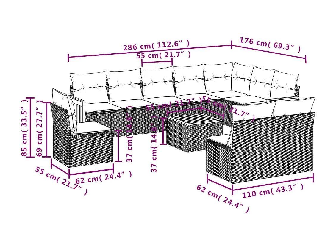 Set Divani da Giardino 11 pz con Cuscini in Polyrattan Nero
