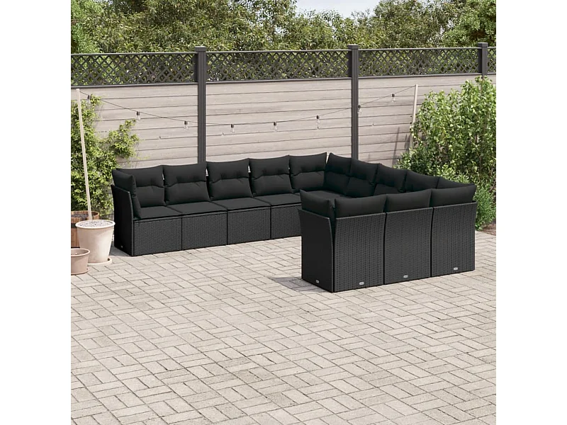 11-tlg. Garten-Sofagarnitur mit Kissen Schwarz Poly Rattan