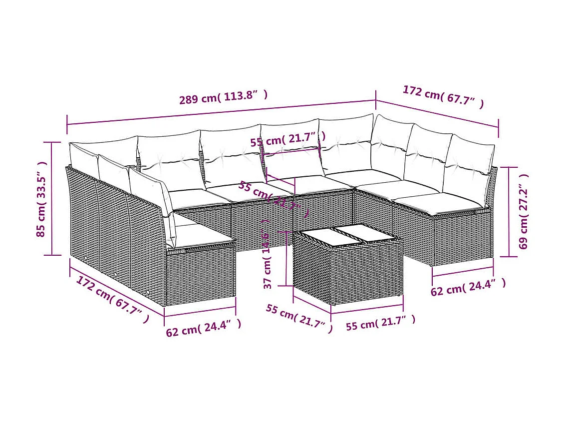 10-tlg. Garten-Sofagarnitur mit Kissen Hellgrau Poly Rattan