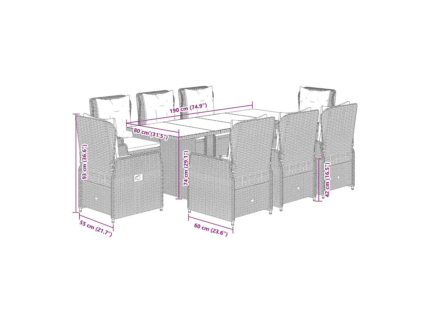 9-tlg. Garten-Essgruppe mit Kissen Schwarz Poly Rattan