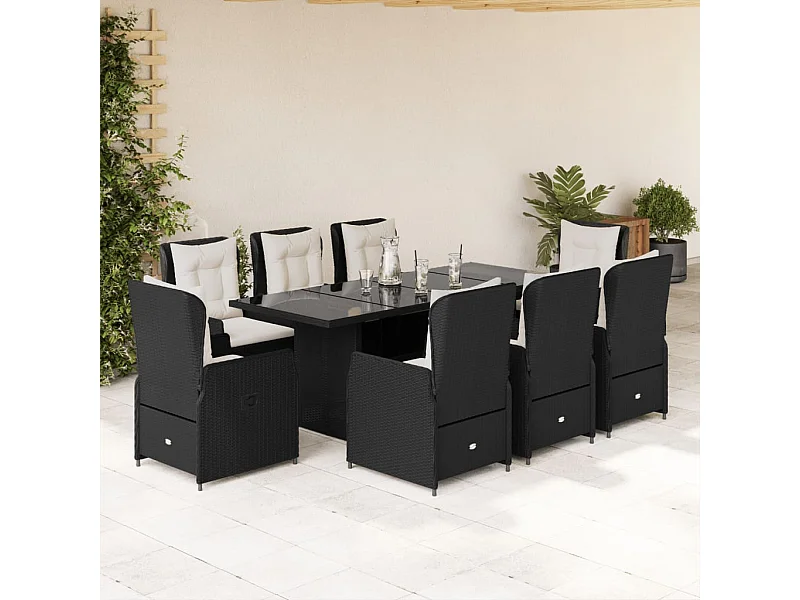 Set da Pranzo da Giardino 9 pz con Cuscini Nero in Polyrattan