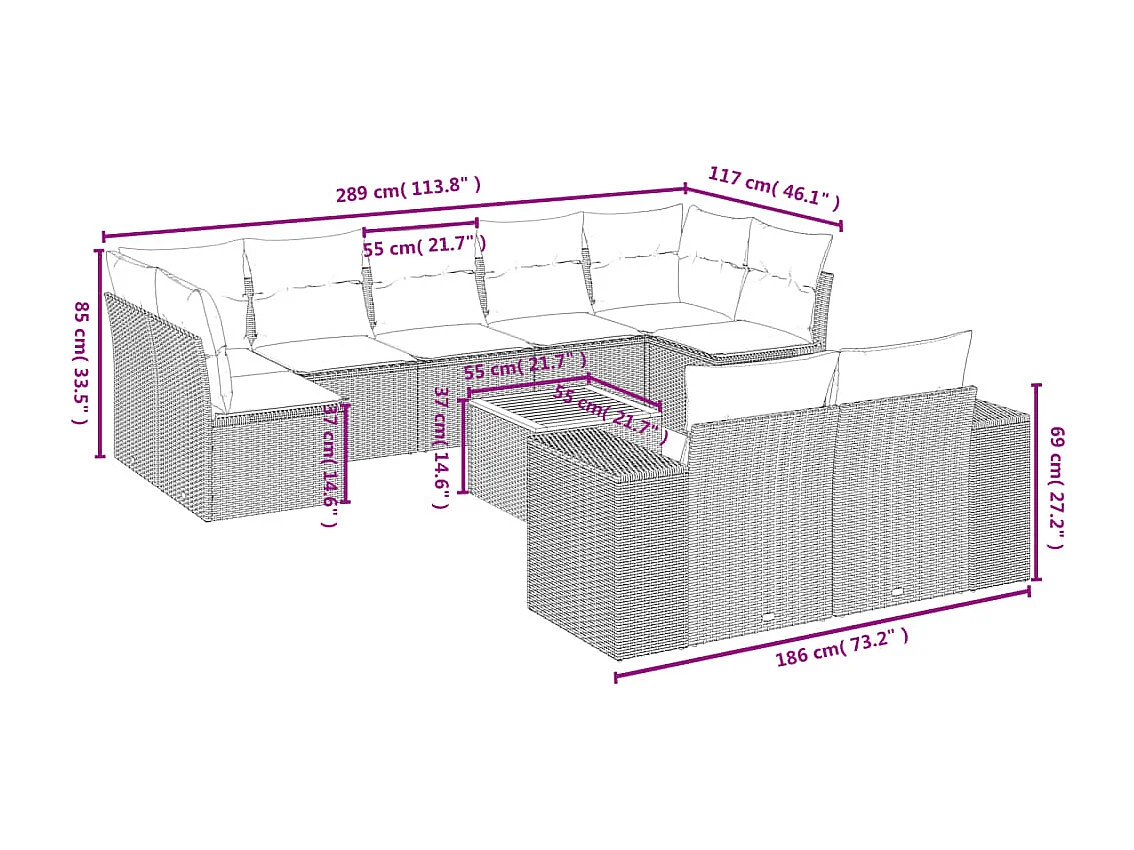 10-tlg. Garten-Sofagarnitur mit Kissen Schwarz Poly Rattan